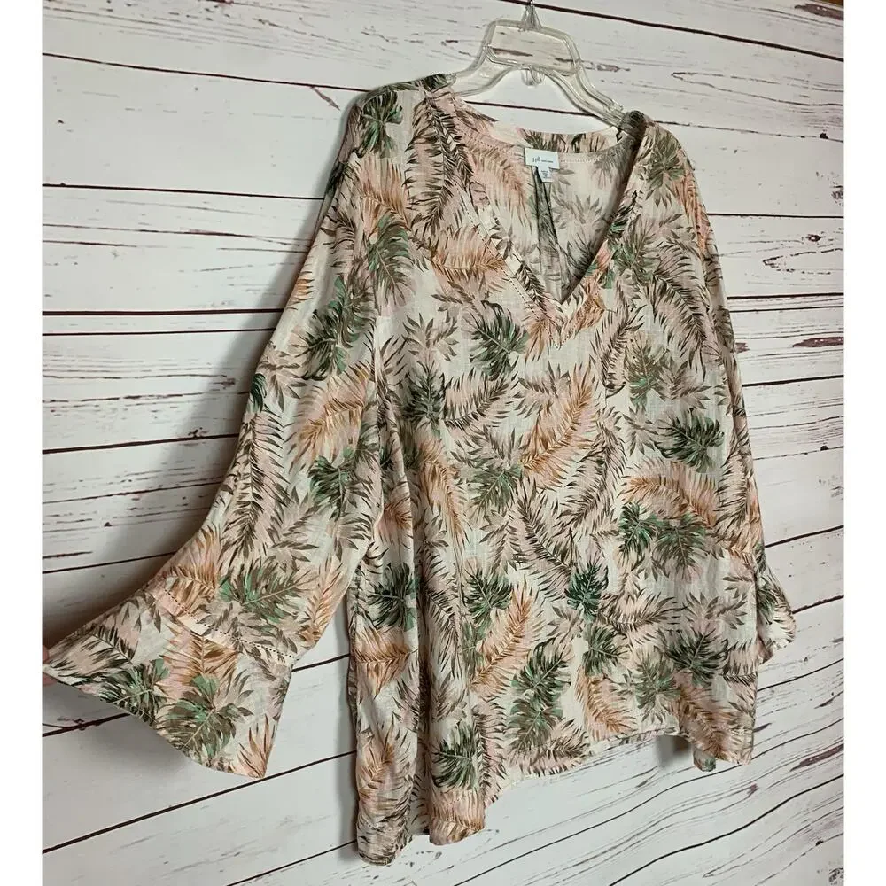 J.Jill Women's Plus Size 3X Pink Print 100% Linen Long Sleeve Summer Top Blouse